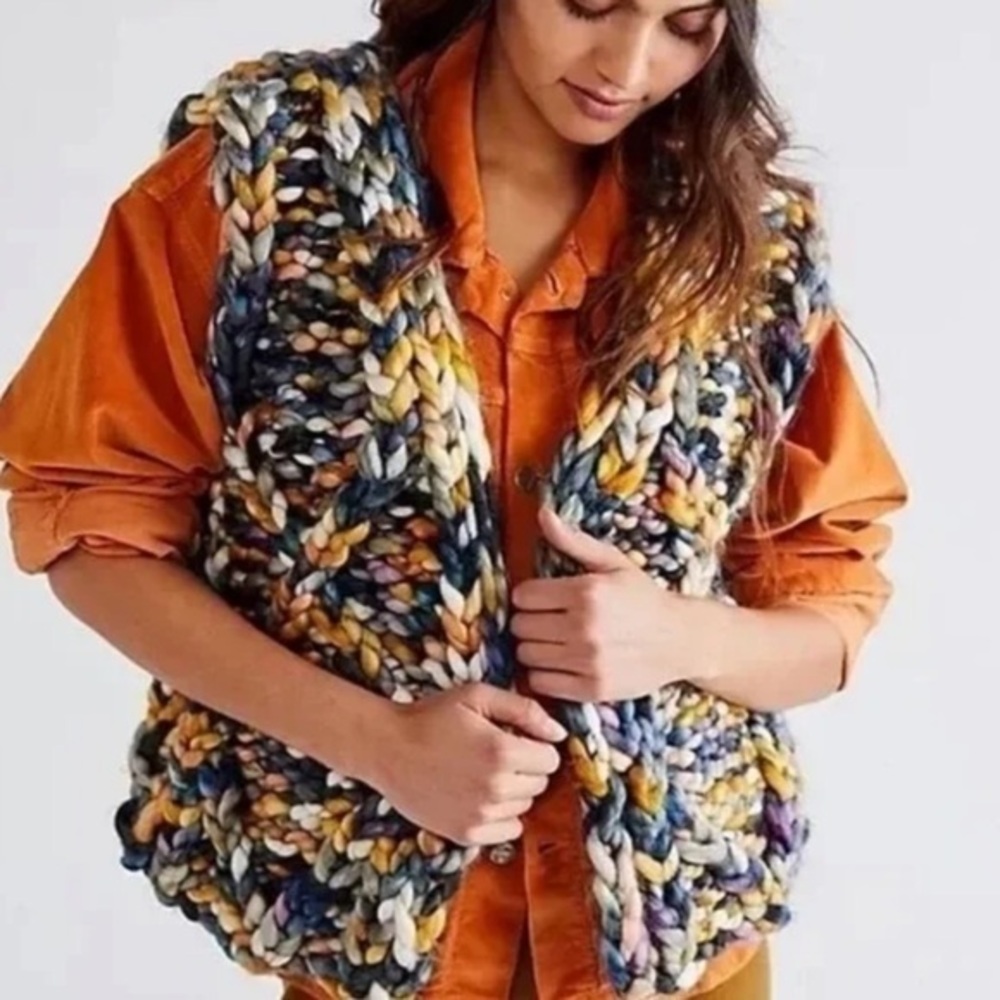 Free People Twilight Vest Chunky Multi Colored Knit Blue Gold Green Purple